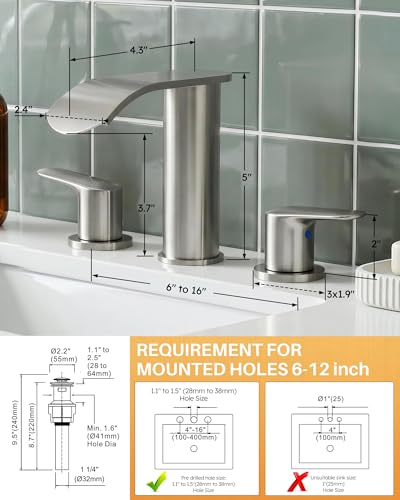 WOWOW Waterfall Bathroom Faucet 3 Holes 8Inch Widespread Bathroom Sink Faucet, Two Handles Brushed Nickel Bathroom Faucet with Pop-up Drain & Supply Hoses, Modern Faucet Mixer Taps Brushed Nickel - color: Brushed Nickel