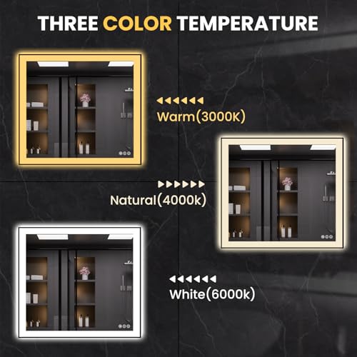 LOAAO 40"X38" LED Bathroom Mirror Black Framed | Anti-Fog, Dimmable, Memory Function, Tempered Glass, Lighted Vanity Mirror for Wall - size: 40"L x 38"W