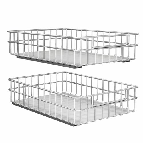 Pull out Cabinet Organizer, Stainless Steel 2-Pack (13.8"W x 21"D) Full-Extension Slide out Drawer, Adhesive Roll out Can Spice Storage Basket Shelf Rack for Pantry, Kitchen, Bathroom, Home Closet - size: (13.8"W x 21"D x 4.7"H)