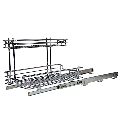 Household Essentials Glidez 2‑Tier Large Multipurpose Chrome‑Plated Steel Pull‑Out/Slide‑Out Under Sink Organizer, Chrome Finish - size: 12.25" - Extended, style: Undersink