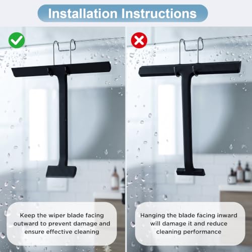 Shower Squeegee for Glass Doors, 8.6-Inch Silicone with Hook, Black | Dual-end silicone blade removes water and soap scum from glass, mirrors and tile; streak-free cleaning with a movable hook