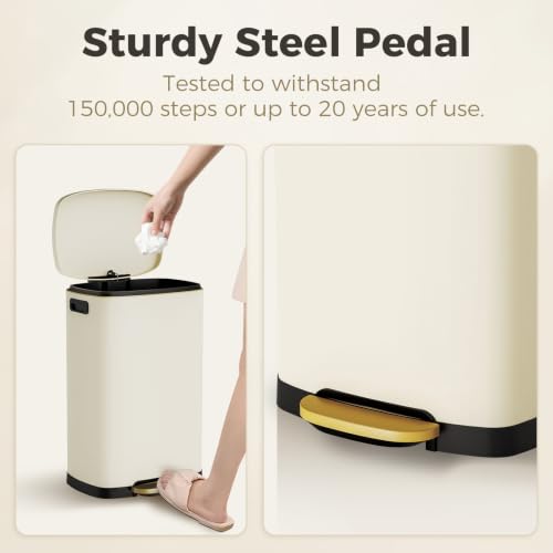 ELPHECO Kitchen Trash Can with Lid 13 Gal Stainless Steel Pedal Garbage Can | Soft Close Lid, Pedal, Heavy-Duty Fingerprint Proof Step Wastebasket with 20 Bags, Removable Bucket, Home Office, Beige - color: Beige