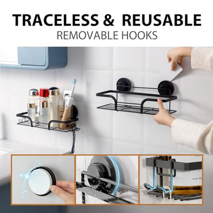 Shower Caddy Suction Cup, 2 Pack Shower Shelves for Inside, Black | Metal Bathroom Storage, NO-Drilling Bathroom Organizer, Heavy Duty Shower Basket - color: 2 X Black Basket