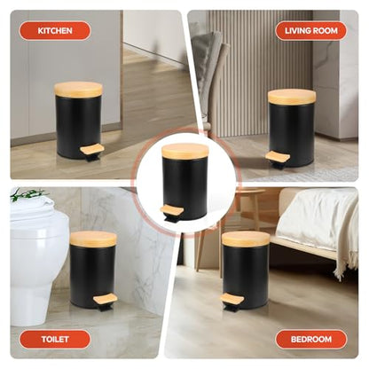 Small Bathroom Trash Can with Natural Bamboo Lid Soft Close，3 Liter / 0.8 GallonStainless Steel Garbage Can with Removable Inner Bucket andStep Pedal（Black） - color: Black