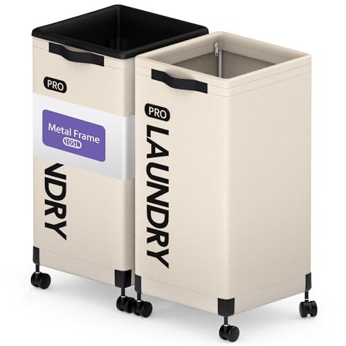 Caroeas Next-Gen 105L Matel Frame Laundry Basket with wheels, Heavy Duty Tall Rolling Laundry Hamper with Removable Wash Bag, Collapsible Freestanding Clothes Hamper (100L,Beige,2Pack) - color: Beige - 2 Pack