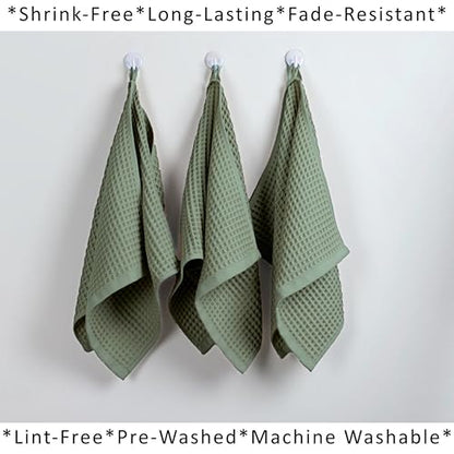 PÜSKÜL Natural 100% Turkish Cotton Waffle Hand and Kitchen Towels Set of 3 | Sage Green, Large 32x16 inc, Honeycomb-Waffle weave towel for bathroom & kitchen. Premium quality oeko-tex made in Turkey. - color: Sage Green, size: Kitchen & Hand Towels Pack o