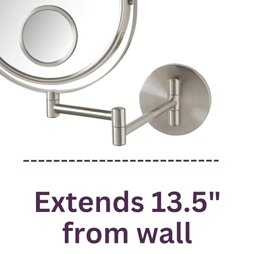 JERDON Wall-Mounted Makeup Mirror - 10X Magnification - Nickel - JP7510N | 8" Round Frame, 15X Spot Mirror, 10" Wall Extension
