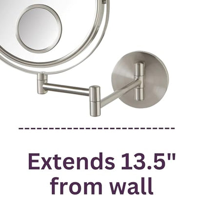 JERDON Wall-Mounted Makeup Mirror - 10X Magnification - Nickel - JP7510N | 8" Round Frame, 15X Spot Mirror, 10" Wall Extension