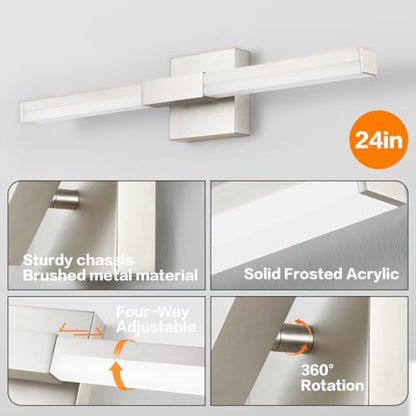 SOLFART Bathroom Light Fixture Dimmable: Brushed Nickel 24-Inch Built-in Step Dimming Vanity Lights for Bathroom ETL IP44 - color: Brushed Nickel-6000K, 5-Step Brightness Control, size: 24 inch