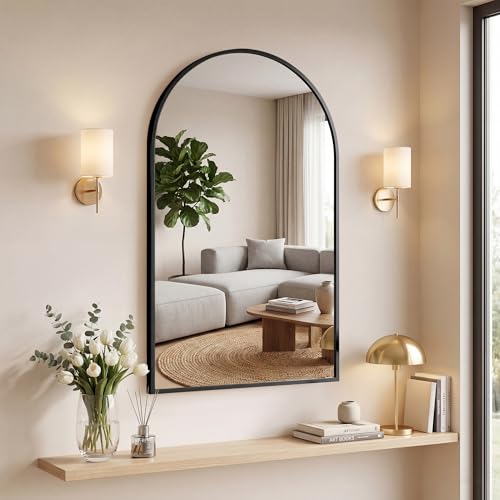 NEWBULIG 22"x30" Arched Wall Mirror, Bathroom Mirrors for Over Sink, Black | Matte Metal Framed Vanity Mirror with Tempered Glass, Entryway, Living Room, Bedroom - color: Deep Black-arched, size: 22"L x 30"W