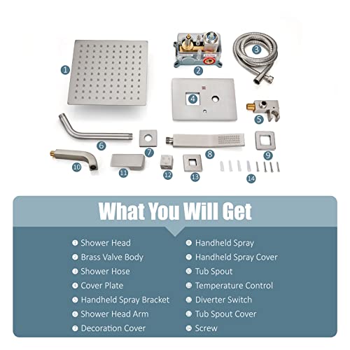 Aolemi Shower Faucet Set with Tub Filler Handheld 8" Head Brushed Nickel | Shower Valve and Trim Kit,Handheld Spray,Tub Spout,Single Handle,SUS304,Bathroom Mixer for Remodeling - color: Nickel, size: 8 Inch Shower Head