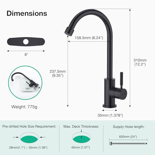 CREA Matte Black Faucet for Kitchen Bar Outdoor Sink 1 Hole 3Holes(with Deck Plate)，High Arc 360°Swivle Single Handle Tap Brushed 304 Stainless Steel - color: Black, style: Mixed water pipe