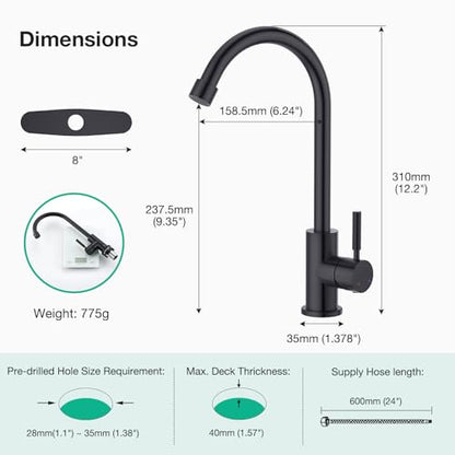 CREA Matte Black Faucet for Kitchen Bar Outdoor Sink 1 Hole 3Holes(with Deck Plate)，High Arc 360°Swivle Single Handle Tap Brushed 304 Stainless Steel - color: Black, style: Mixed water pipe