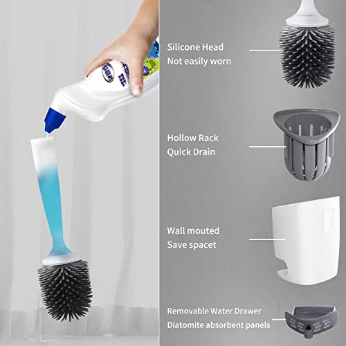 Silicone Toilet Bowl Cleaner Brush, Bathroom Cleaning Bowl Kit, Wall Mount Toilet Brush Refillable Toilet Brush Diatom Mud Absorbent Soft Bristled Silicone