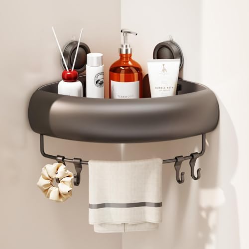 CICUFY Shower Caddy Suction Cup, 1 Pack No Drilling Corner Shower Shelves, Rust Proof Bathroom Storage Organizer, Shower Corner Caddy with Removable Hooks and Towel Bar, Triangle, Grey - style: Triangle Gray (1 Pack )