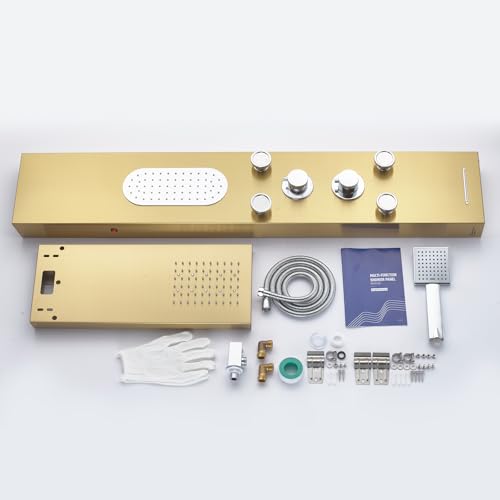 5-Jet LED Shower Panel Tower System Stainless Steel Brushed Gold | Rainfall head | 5 body jets | Handheld shower | LED lights | Brushed gold finish | Wall mount - color: Gold