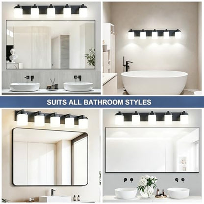 36.5 Inches Bathroom Vanity Light, 5-Light Black Bathroom Light Fixtures Over Mirror, Bathroom Light Shower Lamp with Milky White Square Glass Shade, Modern Farmhouse Lighting Fixtures - color: Black, size: 36.5 Inch : 5-lights