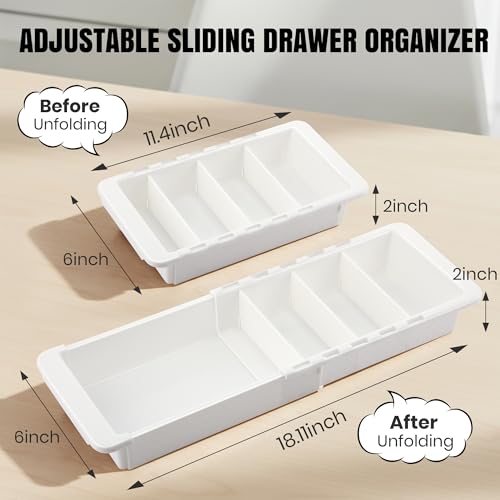 Enhon Deep Drawer Organizer Bins, Expandable Kitchen Tray | Adjustable Sliding Bins, Utensil BBQ Tool and Towel Storage, Kitchen Drawer Organization