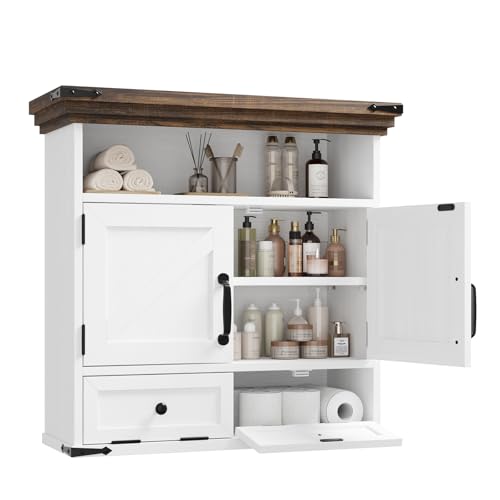 Bathroom Wall Cabinet, Farmhouse Medicine Cabinet with Door, 8.9"D x 25.6"W x 24.8"H, Wall Mounted Bathroom Cabinet with Adjustable Shelf, Wall Storage Cabinet for Laundry Room & Kitchen(White) - size: 8.9"D x 25.6"W x 24.8"H