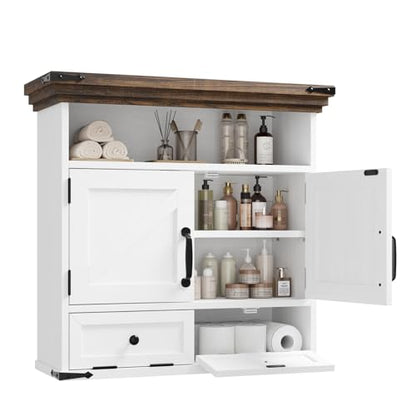 Bathroom Wall Cabinet, Farmhouse Medicine Cabinet with Door, 8.9"D x 25.6"W x 24.8"H, Wall Mounted Bathroom Cabinet with Adjustable Shelf, Wall Storage Cabinet for Laundry Room & Kitchen(White) - size: 8.9"D x 25.6"W x 24.8"H