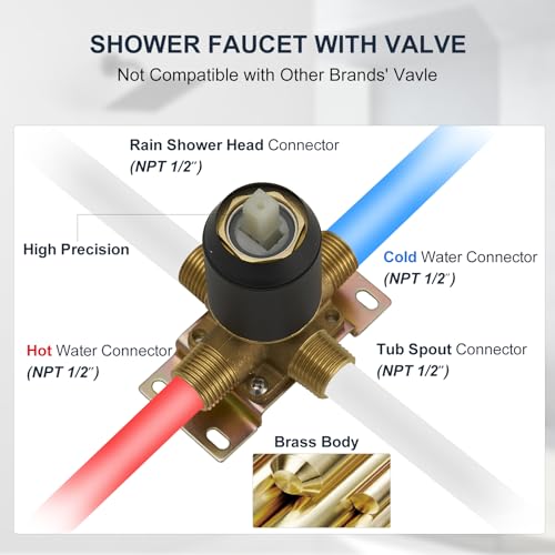 Tub Shower Faucet, Matte Black Shower Faucet Set with valve | 8-Inch Square Rain Shower Head and Tub Spout, Brass Shower System Bathtub Shower Faucet Set Complete, Tub shower faucet set