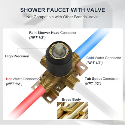 Tub Shower Faucet, Matte Black Shower Faucet Set with valve | 8-Inch Square Rain Shower Head and Tub Spout, Brass Shower System Bathtub Shower Faucet Set Complete, Tub shower faucet set