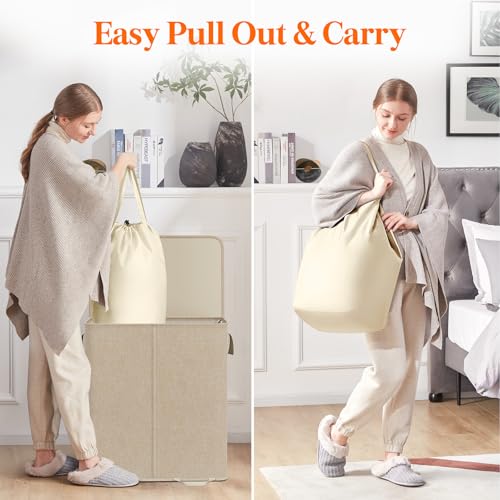 Lifewit Double Laundry Hamper with Lid and Removable Laundry Bags, Large Collapsible 2 Dividers Dirty Clothes Basket with Handles for Bedroom Laundry Room Closet Bathroom College, 155L Beige - color: Beige, size: 155L