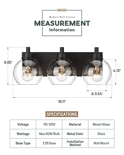 Bathroom Light Fixtures, 3-Light Matte Black Vanity Light, Modern Wall Sconces with Clear Glass Globe Shade, Bathroom Wall Lights for Mirror Kitchen Bedroom Hallway, VL195-MB-3 | 18" modern bathroom light fixtures over mirror, E26 base, bulbs not included