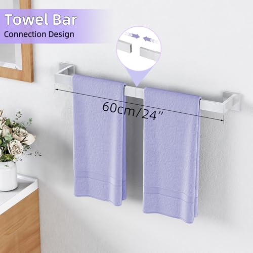 5-Pieces Bathroom Hardware Accessories Set, 24 Inch Stainless Steel Towel Racks for Bathroom, Towel Bar Set Towel Ring Coat Hook and Toilet Paper Holder with Shelf Wall Mounted, Brushed Silver - color: Silver