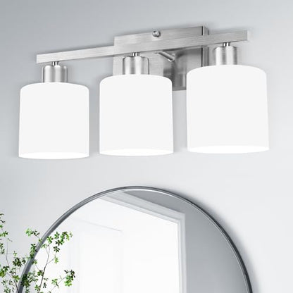 SILAMPDI Bathroom Light Fixtures Brushed Nickel, 3-Light Bathroom Lights Over Mirror, Bathroom Vanity Lights for Bedroom, Living Room, Hallway, Milky White Glass Shades, E26 Base, Bulbs Not Included - color: Brushed Nickel-3Light
