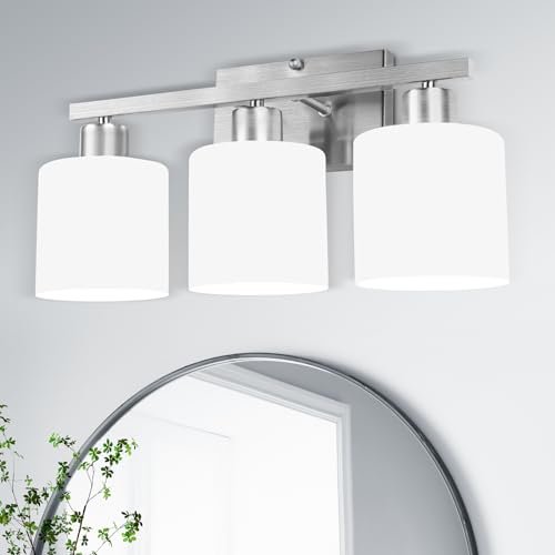 SILAMPDI Bathroom Light Fixtures Brushed Nickel, 3-Light Bathroom Lights Over Mirror, Bathroom Vanity Lights for Bedroom, Living Room, Hallway, Milky White Glass Shades, E26 Base, Bulbs Not Included - color: Brushed Nickel-3Light
