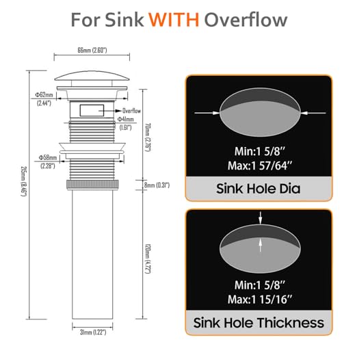 Antique Brass Pop Up Drain with Overflow for Vessel Sinks | Heavy Brass Construction with Rustproof Finish and Tool-Free Hand Tighten, Smooth Operation, Compatible with Most Sink Holes.