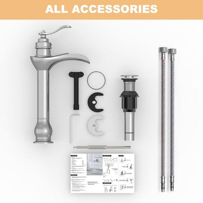 BWE Chrome Vessel Sink Faucet Waterfall Bathroom Faucets 1 Hole | Single Handle Bathroom Vanity Faucet with Pop Up Drain Stopper Assembly and Supply Hose Lavatory Mixer Tap Tall Body - color: Chrome