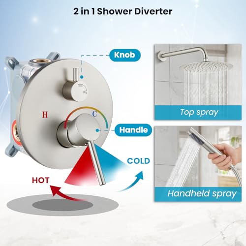 gotonovo Shower Faucet Set with Rough-in Valve Trim Kit,Brushed Nickel | 10 Inch Round Rain Showerhead with Handheld Spray,Bathroom Wall Mount Shower System Complete Combo,2-in-1 Diverter,All Metal - color: Nickel