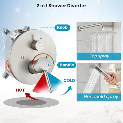 gotonovo Shower Faucet Set with Rough-in Valve Trim Kit,Brushed Nickel | 10 Inch Round Rain Showerhead with Handheld Spray,Bathroom Wall Mount Shower System Complete Combo,2-in-1 Diverter,All Metal - color: Nickel