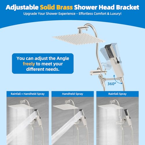 Hibbent All Metal cUPC Certified Shower Head, 12'' High Pressure Rainfall Showerhead Combo, Handheld Shower Wand, 12'' Adjustable Extension Arm, 4-Spray, 71'' Hose, Shower Holder, Brushed Nickel - color: Brushed Nickel, style: Square 12''
