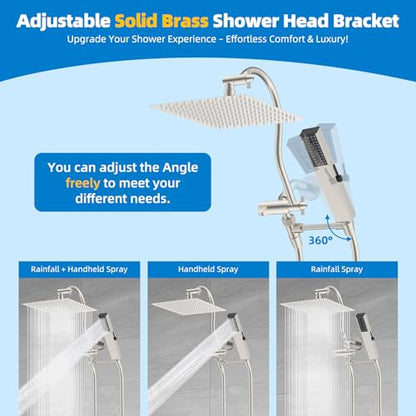 Hibbent All Metal cUPC Certified Shower Head, 12'' High Pressure Rainfall Showerhead Combo, Handheld Shower Wand, 12'' Adjustable Extension Arm, 4-Spray, 71'' Hose, Shower Holder, Brushed Nickel - color: Brushed Nickel, style: Square 12''