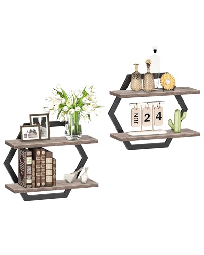 Hexagon Floating Shelves for Wall, Set of 2, 2 -Tier Hanging Shelves, Wall Mounted Storage Shelves, for Living Room, Bedroom, Kitchen, Home Office, Study, Greige TBJ06P2BG - color: Greige + Black