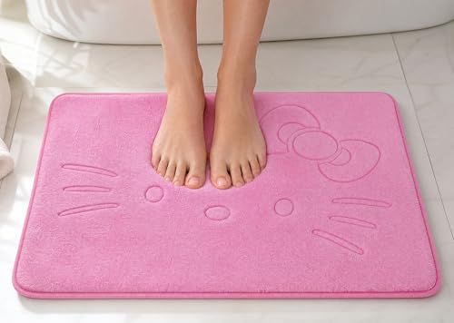 Pink Cartoon Non Slip Memory Foam Bath Mat 15.75 x 23.62 Inch | Cute Design,Super Soft & Water Absorbent Multi-Use Rug, Suitable for Bathroom, Bedroom, Living Room and Entry Door
