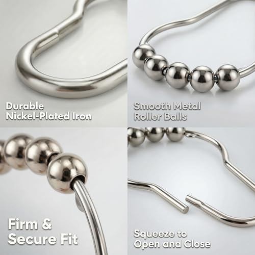 Shower Curtain Hooks Rings Set of 12, Rust Resistant Metal Double Glide Shower Hooks with Smooth Roller Balls for Bathroom Shower Rods and Curtains Nickel - color: Nickel