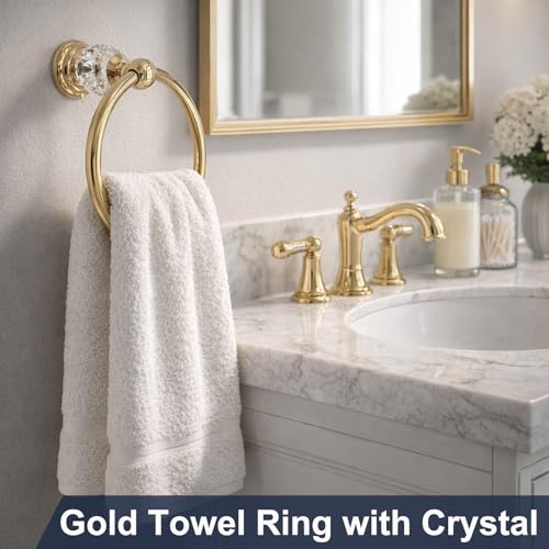 Gold Towel Ring with Crystal, Round Hand Towel Holder for Bathroom | Wall Mounted Stainless Steel Hand Towel Rack, Polished Gold Rustproof Bath Hardware, Fits Modern Luxury Home Kitchen Hotel - color: Gold Towel Ring