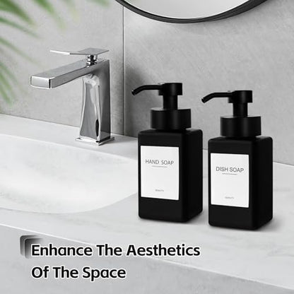 Black Foaming Hand Soap Dispenser, 12oz/350ml Glass Square Foam Soap Dispenser Set, 2Pcs Foaming Soap Dispenser with Foaming Pump, Refillable Soap Foam Dispenser for Bathroom, Kitchen - color: Black Bottle