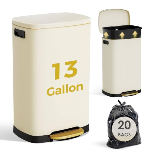 ELPHECO Kitchen Trash Can with Lid 13 Gal Stainless Steel Pedal Garbage Can | Soft Close Lid, Pedal, Heavy-Duty Fingerprint Proof Step Wastebasket with 20 Bags, Removable Bucket, Home Office, Beige - color: Beige
