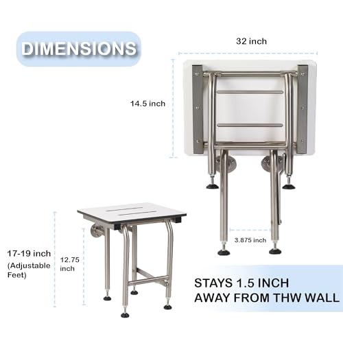 Grab Bar Specialists Folding Shower Seat HDP with Legs, ADA Compliant, 400lbs Capacity, White, 32" x 16' - size: 32
