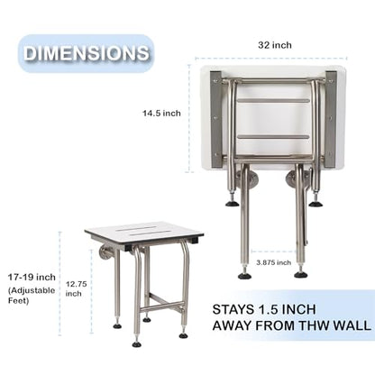 Grab Bar Specialists Folding Shower Seat HDP with Legs, ADA Compliant, 400lbs Capacity, White, 32" x 16' - size: 32