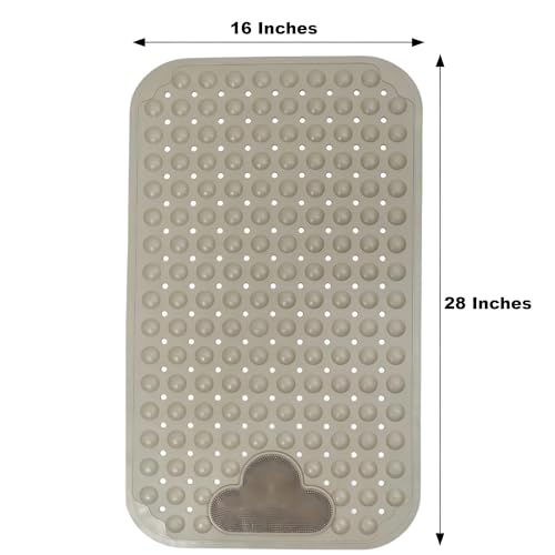 Bathtub Anti-Slip Mat Shower Mat with Suction Cups Drain Hole Foot Massage Bathroom Floor Mat 28x16 Inch (Khaki)