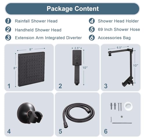 BRIGHT SHOWERS High Pressure Rain Shower Head Combo with Double Extension Arm, 8 Inch Rainfall Shower Head with Handheld Spray, Height Adjustable Dual Square Showerhead Set, Oil-Rubbed Bronze - color: Oil Rubbed Bronze, style: Dual Shower Head with Extens