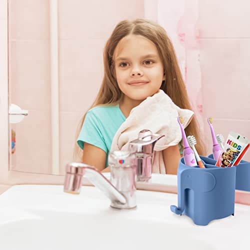Elephant Toothbrush Holder for Toddler, Suction Cup Cute Toothbrush Holder for Kids, for Bathroom, with 3 Slots and 1 Hook, Sky Blue - color: Sky Blue
