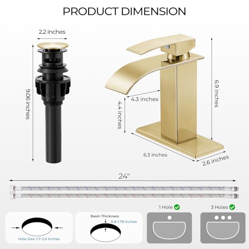 Brushed Gold Bathroom Faucets, Waterfall Bathroom Sink Faucet | Single Handle, Stainless Steel, Vanity Faucet with Deck Plate, Pop-up Drain, For 1 or 3 Hole, RV, Farmhouse - color: A-Brushed Gold
