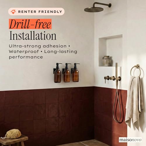 Shampoo and Conditioner Dispenser Wall Mounted Set of 3 Amber Black - No Drill Shower Soap Dispenser for Bathroom Refillable - Spa Hotel Style Accessories by MaisoNovo | No Drill Wall Mount - Shower Soap Dispenser · Holds Body Wash or Hand Soap · Wall Soa